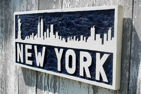 New York City skyline wooden sign hand carved wall art blue