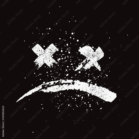 Grunge textured hand drawn styled sad face emoji. White on black ...