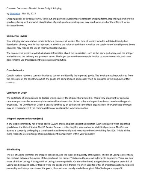 Common Documents Needed for Air Freight Shipping - Depending on where the goods are being sent ...