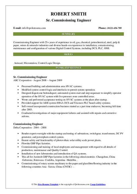 Commissioning Engineer Resume Samples | QwikResume