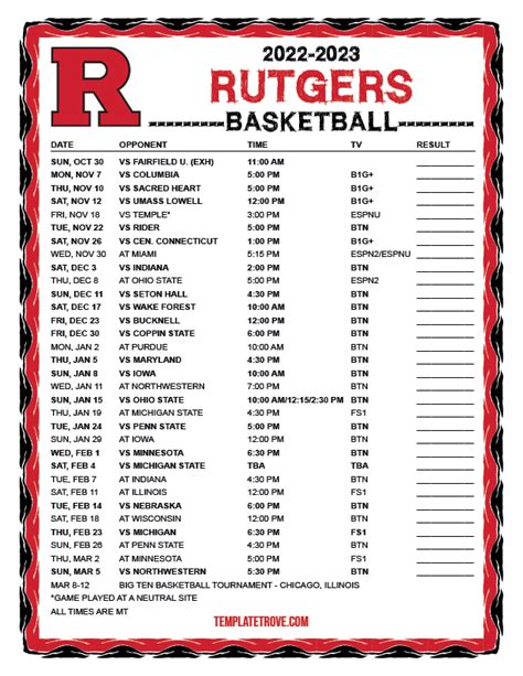 Printable 2022-2023 Rutgers Scarlet Knights Basketball Schedule