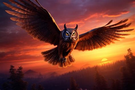 Premium AI Image | Owl flying in a sunset with mountains in the background