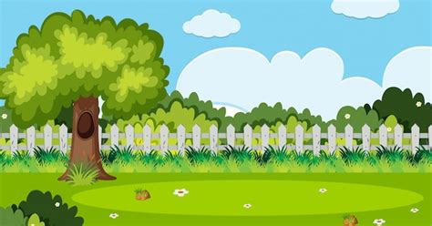 Escena de fondo con árbol y cerca blanca en jardín | Vector Premium