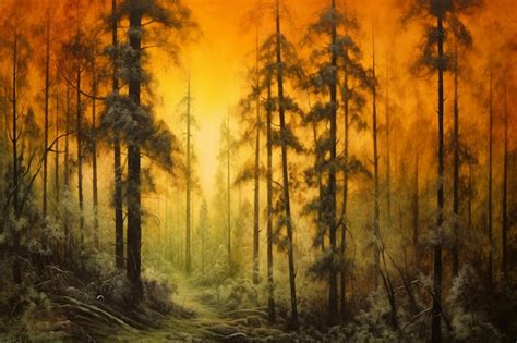 Premium AI Image | A painting of a forest with a sunset in the background.