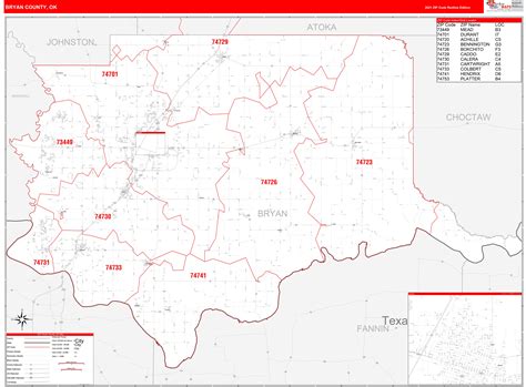 Bryan County, OK Zip Code Wall Map Red Line Style by MarketMAPS - MapSales