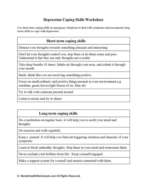 Coping Skills Depression Worksheet Therapist Aid - SkillsWorksheets.com