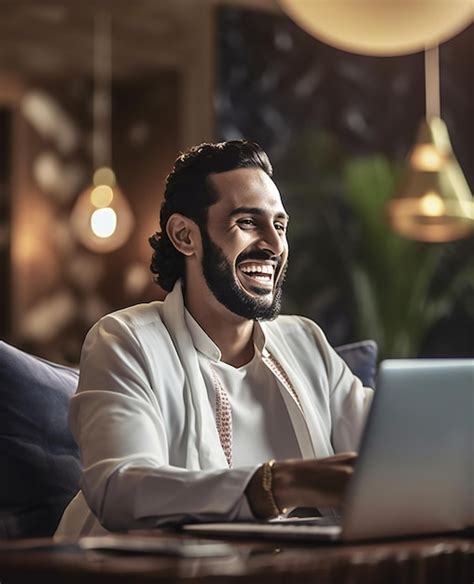 Premium AI Image | A man is smiling while using a laptop.