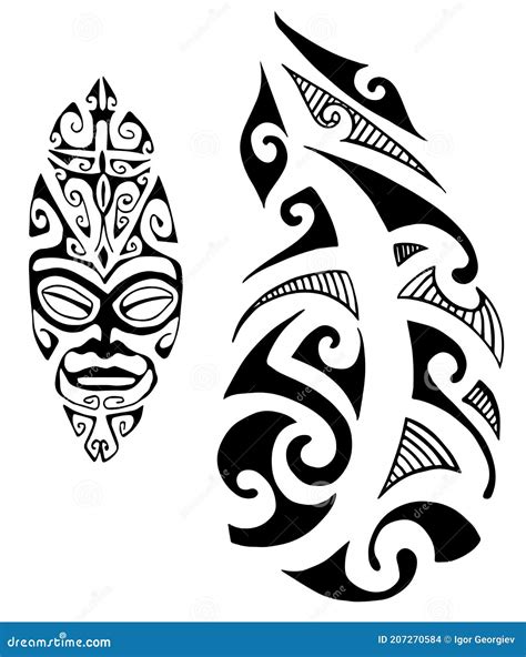 Maori Tiki Tattoo. Set Of Labels And Elements. Vector Set Illustration Template Tattoo ...