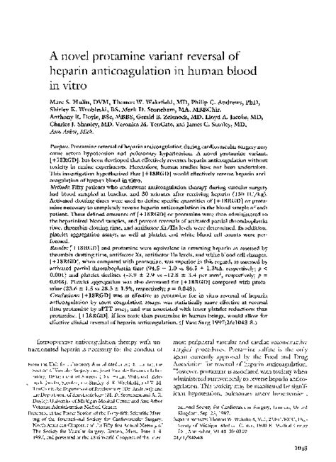 (PDF) A novel protamine variant reversal of heparin anticoagulation in human blood in vitro ...