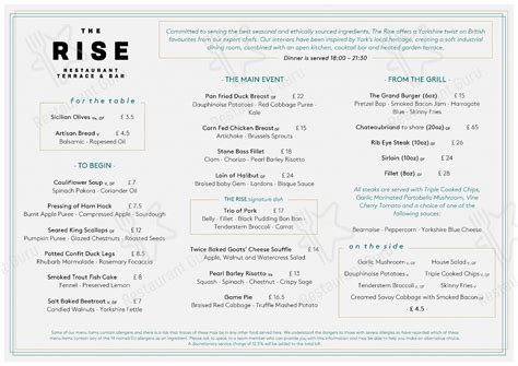 Menu at The Rise Restaurant, York