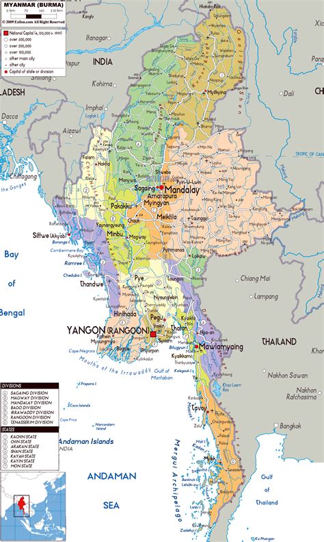 Large political and administrative map of Myanmar with roads, cities ...