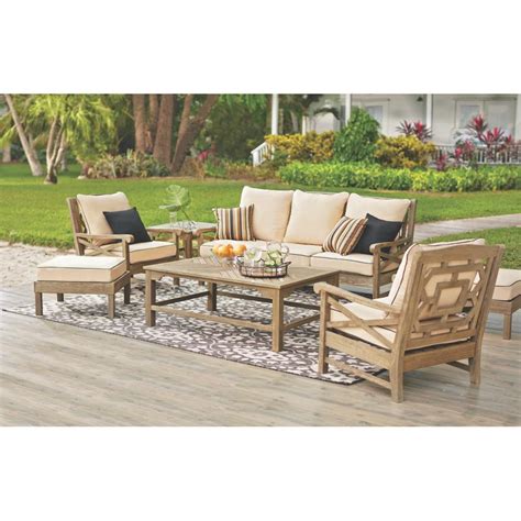 Martha Stewart Living Blue Hill Wood Outdoor Deep Seating with Rustic Weathered Grey Cushions (6 ...