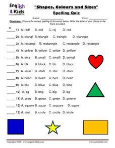 Shapes, Colors, and Sizes Spelling Quiz Worksheet for 1st - 2nd Grade | Lesson Planet