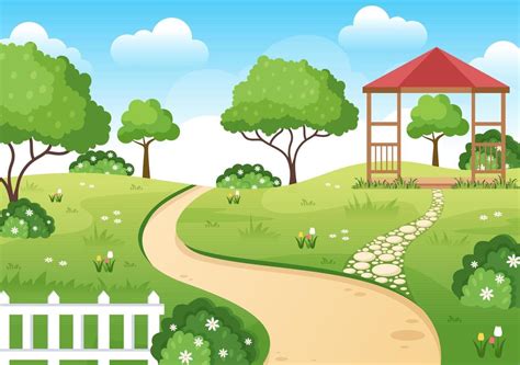 Beautiful Garden Cartoon Background Illustration With A Landscape Nature Of Plant, Flowers, Tree ...