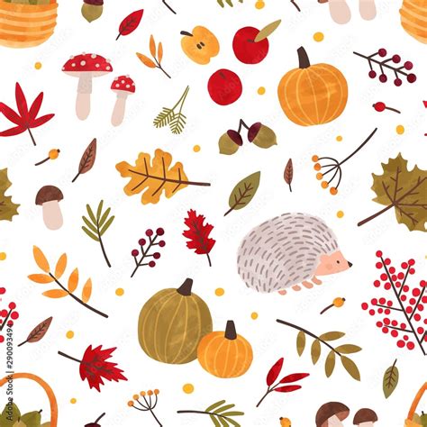 Autumn hand drawn vector seamless pattern. Fall season items background ...