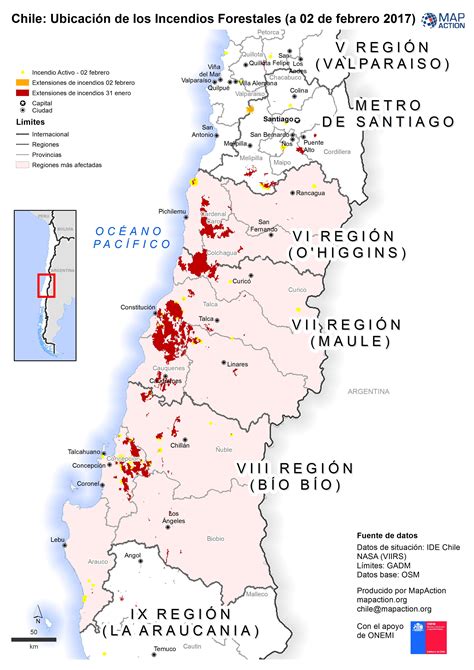 Chile: Ubicación de los Incendios Forestales (a 02 de febrero 2017) - Datasets - MapAction