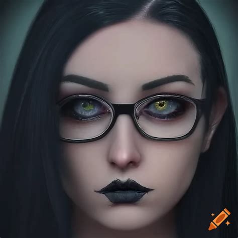 Portrait of a pale green-eyed goth girl with long red-black hair and ...