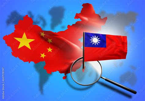 Flag of China. Symbol of Taiwan under magnifying glass. People's ...