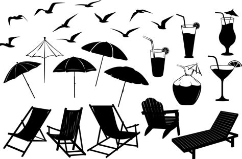 summer time beach elements flying bids, beach chair, umbrella, drink ...