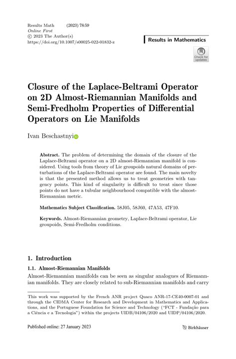 (PDF) Closure of the Laplace-Beltrami Operator on 2D Almost-Riemannian Manifolds and Semi ...