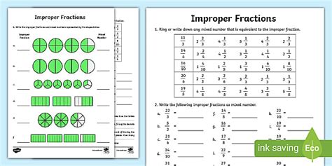 Improper Fractions Worksheets for Upper Elementary Students