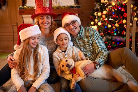 Portrait Happy Family at Christmas Eve with Dog Stock Photo - Image of ...