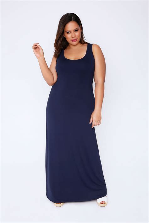 Navy Plain Sleeveless Jersey Maxi Dress Plus Size 16 to 32