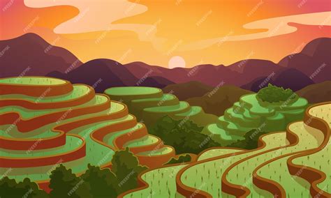 Premium Vector | Vector landscape rice Chinese field terrace