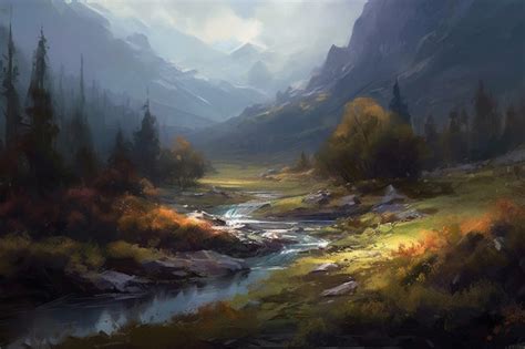 Premium AI Image | A painting of a river in the mountains