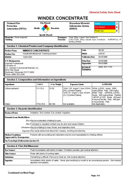 S C Johnson - Windex concentrate | Toxicity | Occupational Safety And ...