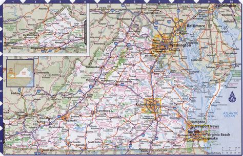 Map of Virginia state with highways,roads,cities,counties. Virginia map image