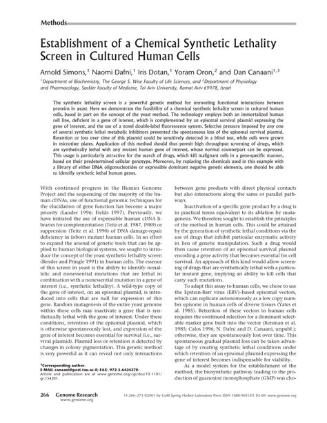 (PDF) Establishment of a Chemical Synthetic Lethality Screen in Cultured Human Cells