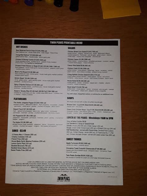 Menu at Twin Peaks restaurant, Houston, Northwest Fwy