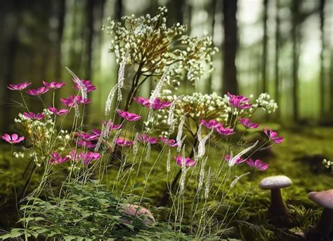 Premium Photo | Wild flowers grass verbs and trees on field in forest summer nature landscape ...