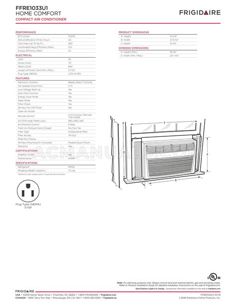 Frigidaire FFRE1033U1 Product Specifications Sheet