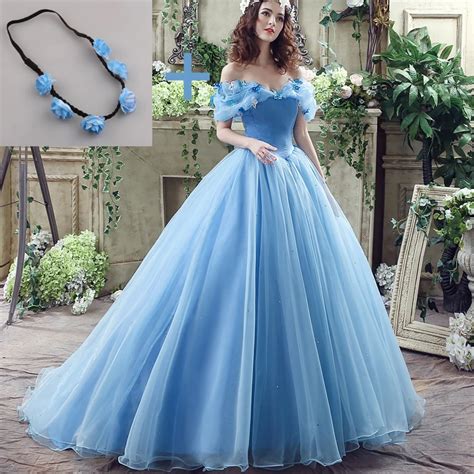 Deluxe Cinderella Wedding Dress Blue Bridal Gown Off The Shoulder Cap ...