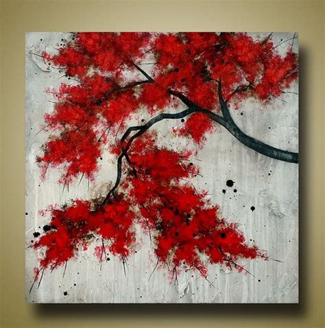 Red Tree Branch Original Textured Painting Tree Art Red Leaves Large Square Painting 30x30 by ...