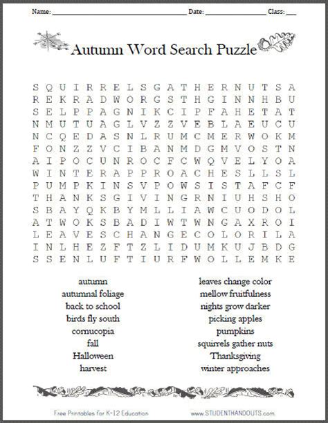 Autumn/Fall Word Search Puzzle - Free to Print | Student Handouts