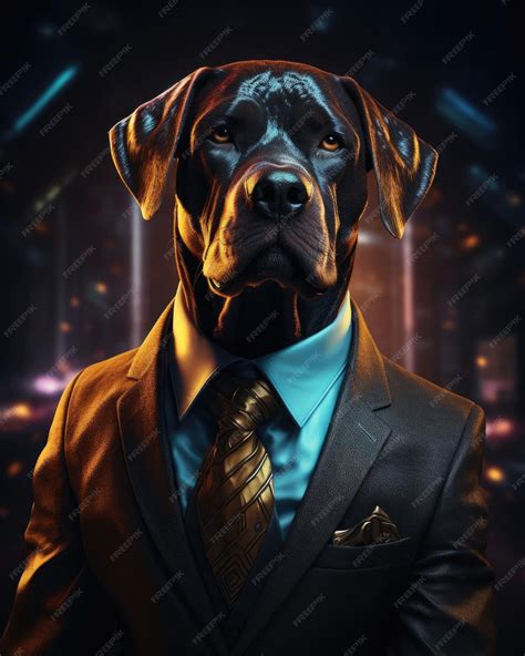 Premium Photo | 3d dog with a human body looking serious wearing a suit with a dramatic studio ...