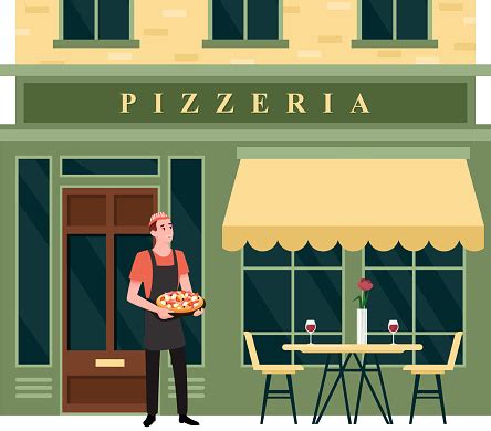 Pizzeria City Street Facade Small Food Business Happy Chef Character Holding Pizza Stock ...