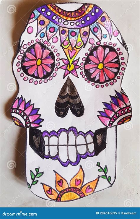 Colourful Sugar Candy Skull Drawing Stock Illustration - Illustration ...