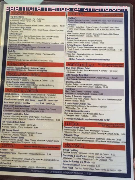 Menu at Blue Moon Cafe, Fayetteville