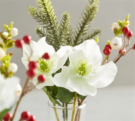 Faux Pine, Berry & Hellebore Floral Arrangement with Glass Vase Flower ...