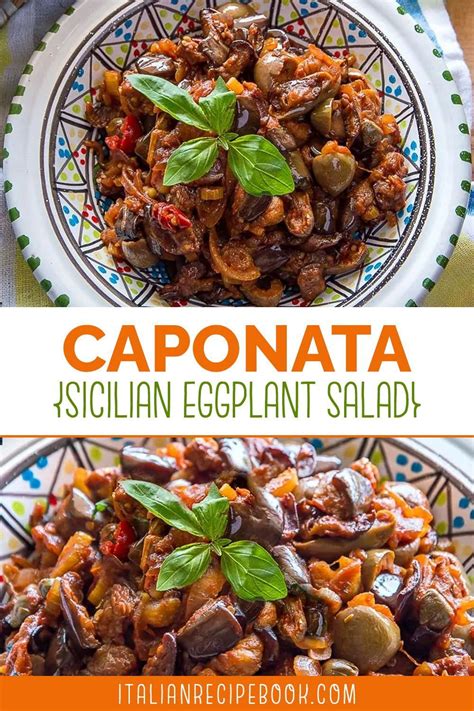 caponata sicilian eggplant salad in a bowl with basil leaves on top