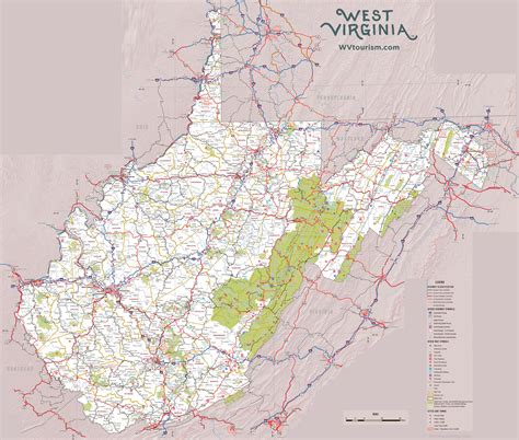 Large detailed tourist map of West Virginia