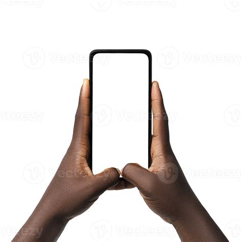 Black hand holding phone facing camera isolated on transparent background. blank screen, phone ...