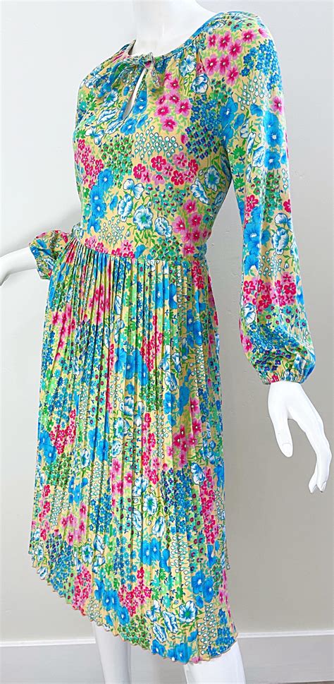 1970s St Michael Italian Made Bright Colorful Flower Print Long Sleeve 70s Dress For Sale at ...