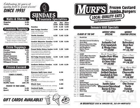 Murf's Frozen Custard & Jumbo Burgers menu in Waukesha, Wisconsin, USA