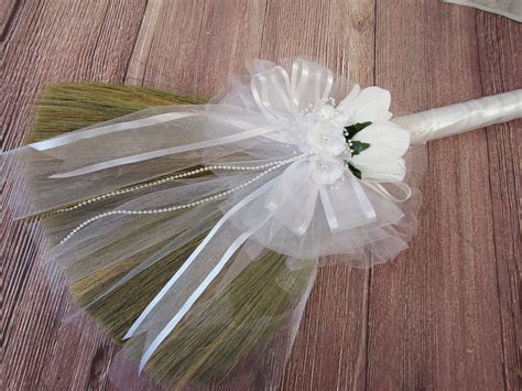 Decorated Wedding Broom for Jumping the Broom Ceremony white Ribbon / White Beaded Roses PLEASE ...