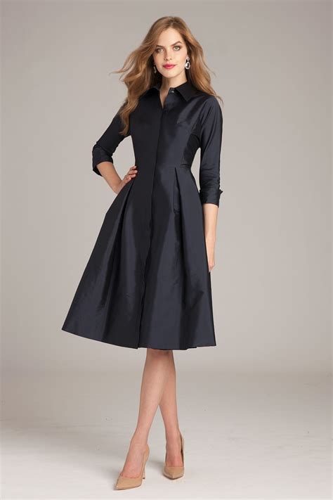 3/4 Sleeve Belted Taffeta Shirtdress in 2021 | Tea length dresses, Casual dress outfits, Navy ...